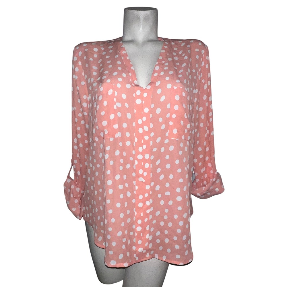 41 Hawthorn Top Pink White Polka Dot V-Neck Roll-Tab‎ Sleeve Blouse Pockets XL